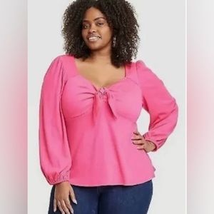 AVA & VIV Bright Pink Balloon Sleeve Top / Plus Size: 2X / Spring / Flirty